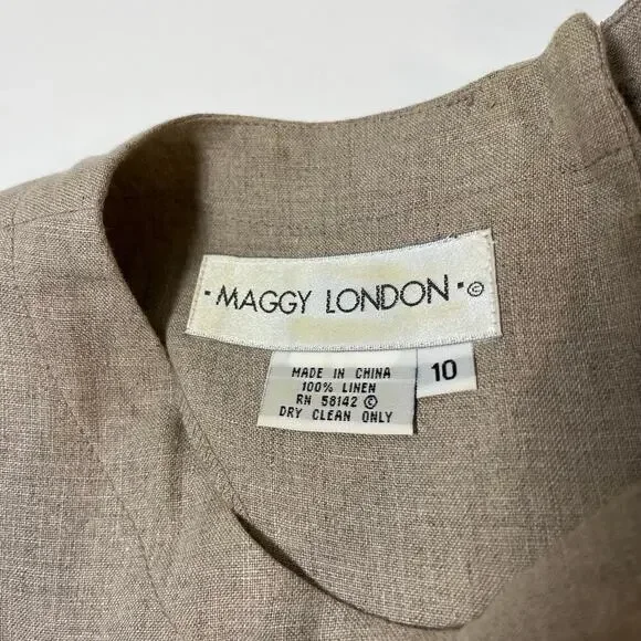 Vintage Maggy London 100% Linen Maxi Dress Beige Size 10 Belt 80s 90s Business - Picture 3 of 15
